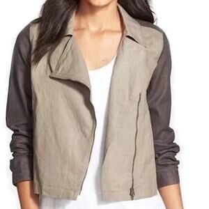 Eileen Fisher Coated Organic Linen Asymmetrical Zip Two Tone Jacket Med Natural
